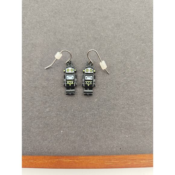 Robot Dangle Drop Hook Earrings Black Enamel BeeBoop Futuristic Kidcore Novelty - Picture 2 of 3